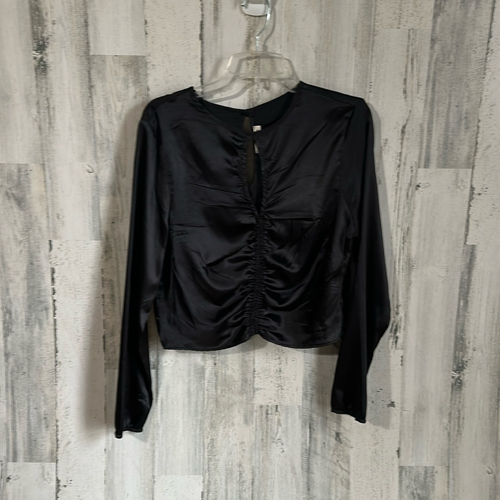 A8- black silk long sleeve blouse Moa moa large L